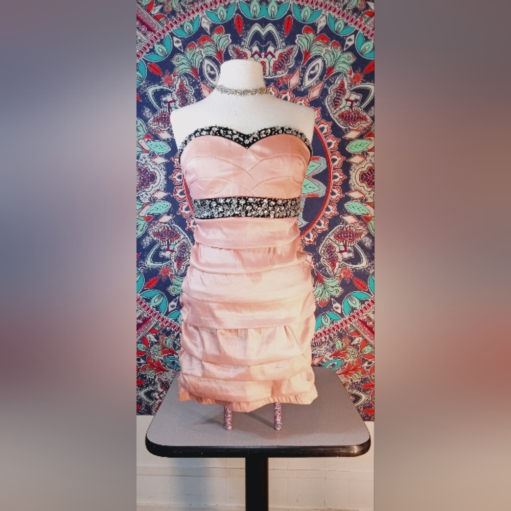 Sequin Hearts Light Pink Dress W/ Black Trim